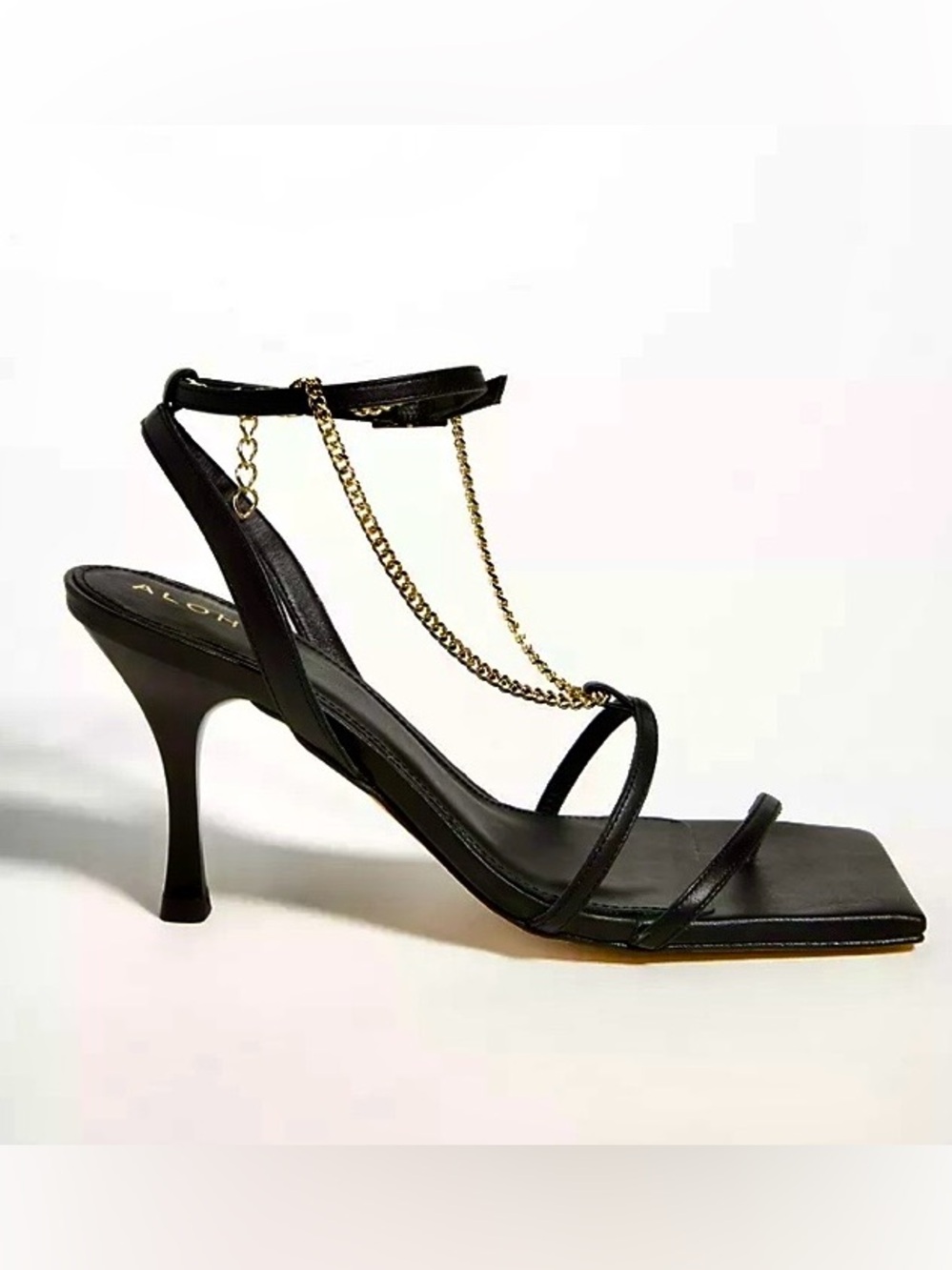 NWOB Alohas Strappy Chain Heeled Leather Sandals Black Gold Sz 39